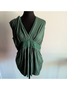 Metro Women's Solid Green V-Neck Sleeveless Lace Pullover Blouse Size 2X